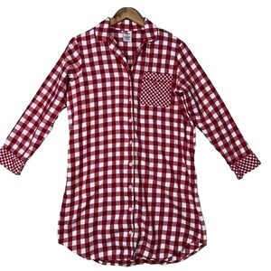 Lands End Night‎ Gown Women's Medium Red White Check Flannel Sleep Shirt Pockets